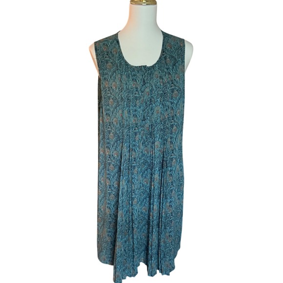 DR2 Dresses & Skirts - DR2 Womens Peacock Feather Print Sleeveless Pleated Shift Dress Teal‎ Blue L